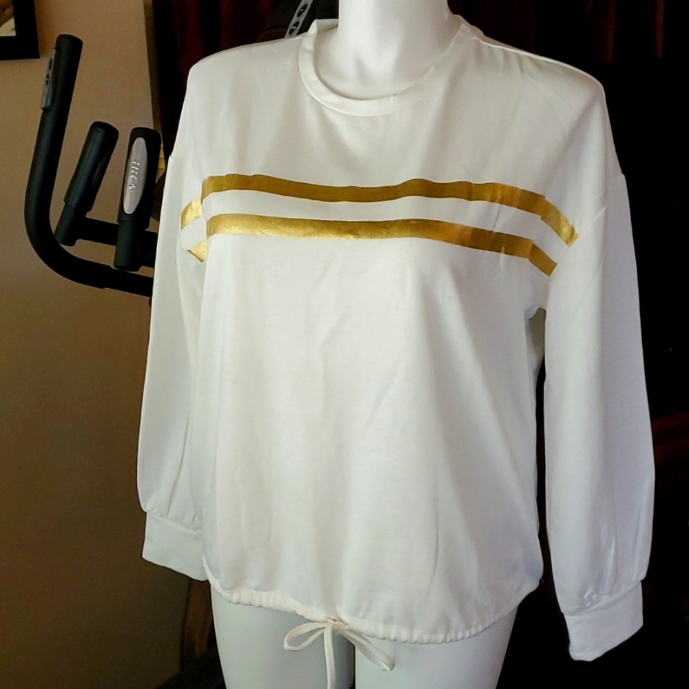 White sweatshirt top with drawstrings